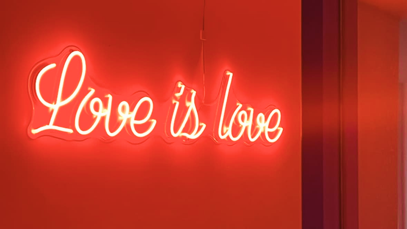 **翻译** The slogan at a Beijing LGBTQ bar reads, "Love is love."