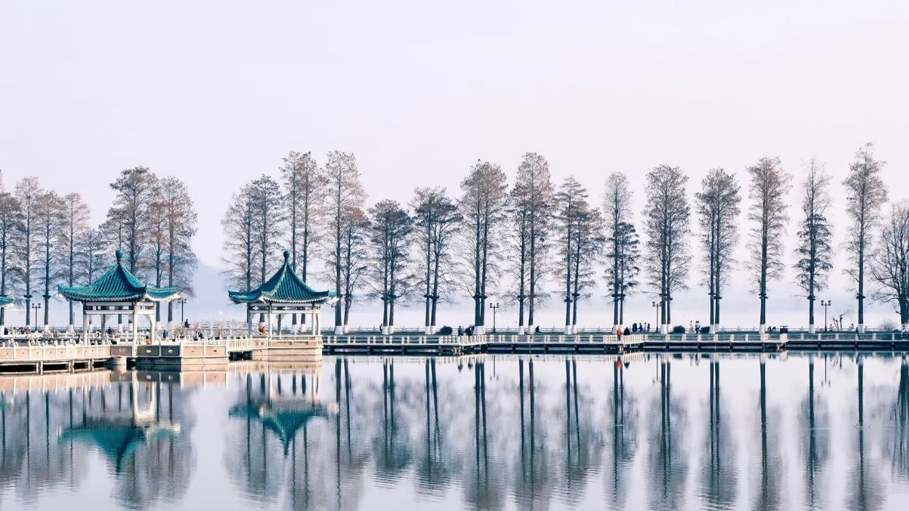 Scenic view of traditional Chinese pavilions and tall trees reflected in the calm waters of East Lake, Wuhan’s largest urban lake.