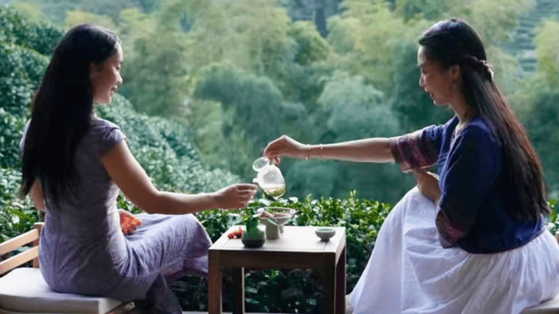 Two girls in traditional Chinese attire are savoring Longjing tea on a tea hill in Hangzhou.