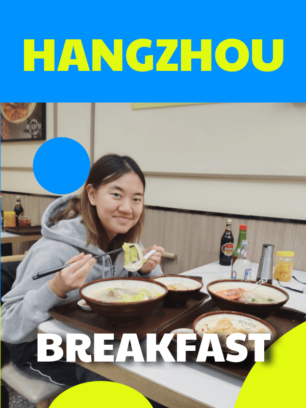 Hangzhou Breakfast Walk experience with local guest enjoying traditional noodles at a neighborhood restaurant