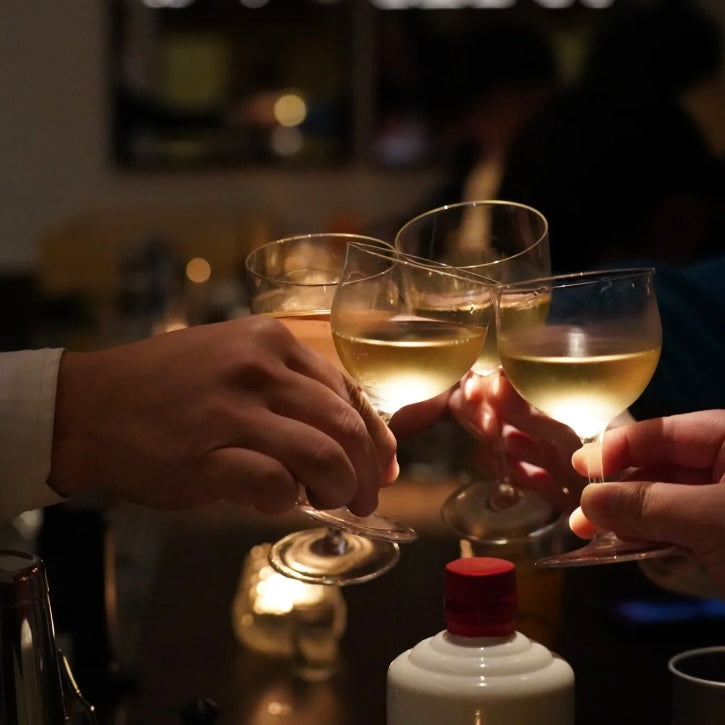 Group toasting with wine glasses in a cozy bar, enjoying an authentic drinking experience.