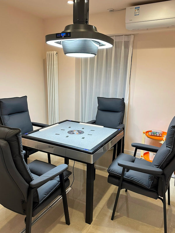 Sleek and modern mahjong table with four comfy chairs in a cozy Beijing apartment, ready for a traditional tile game session