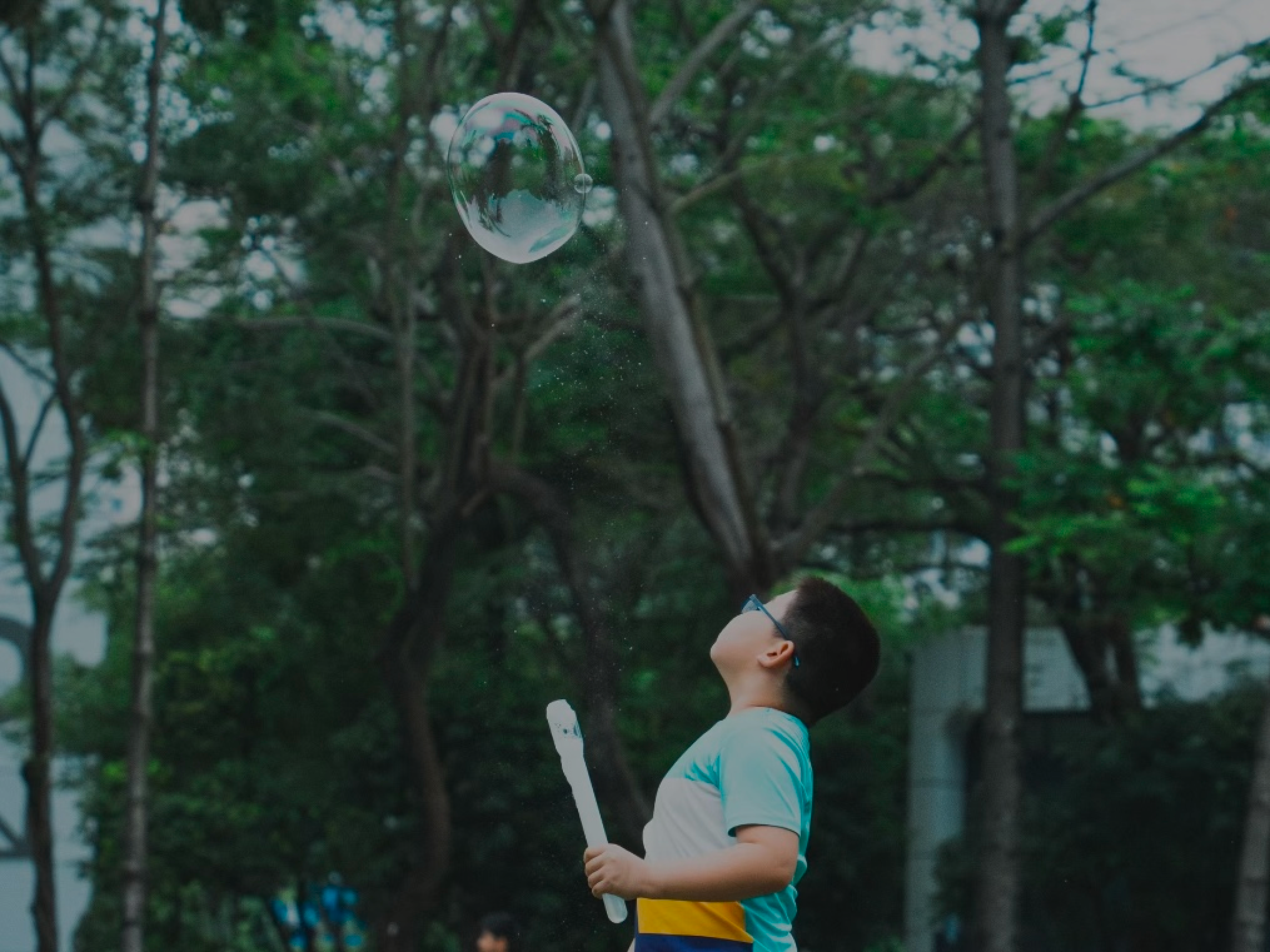 A close-up of a floating bubble in a green forest, and a little boy looking up at sky, symbolizing the discovery dream and dream-chasing path of Bridge to Locals.