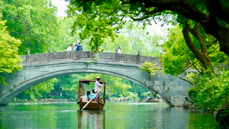 Traditional wooden boat gliding under an ancient stone bridge surrounded by lush greenery on West Lake, Hangzhou.