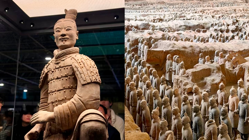 The left picture shows the Terracotta Warriors in the Xi’an Museum, and the right picture shows the excavation site of the Terracotta Warriors.