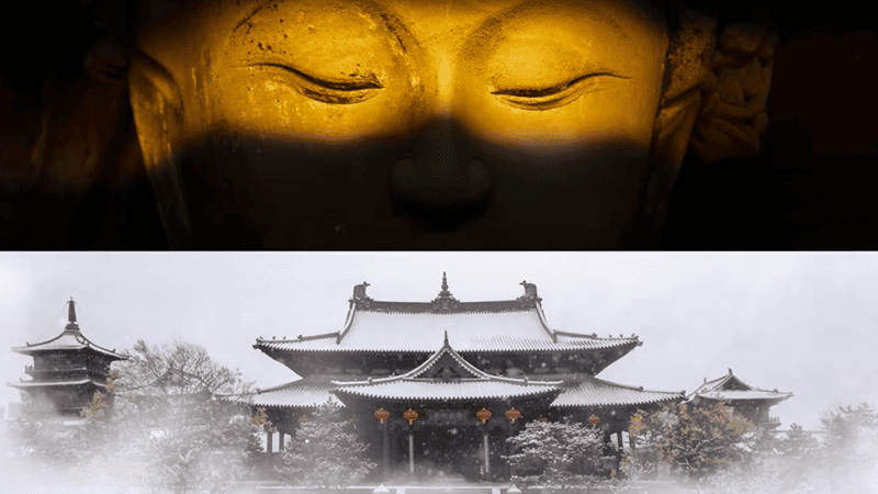  The Buddha head and the main hall in the picture highlight the symmetrical and harmonious aesthetic of Chinese architecture.