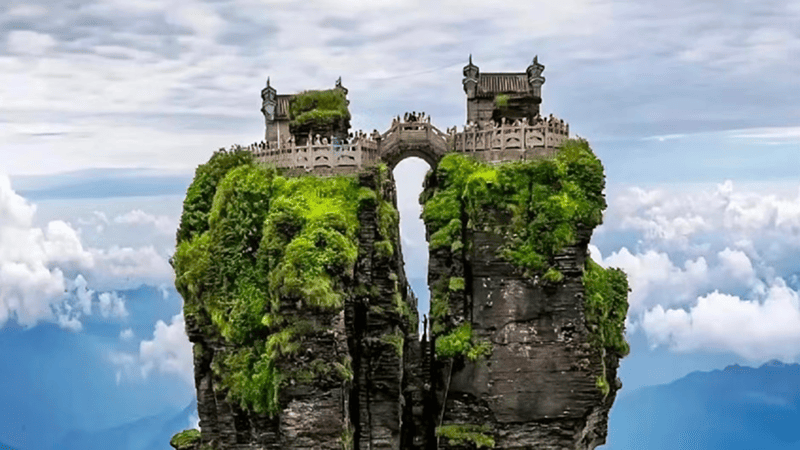 the two Buddhist temples (Sakyamuni Temple and Maitreya Temple) perched on the twin peaks of the Red Cloud Golden Summit (Hongyun Jinding) at Mount Fanjing in Guizhou, connected by a small stone bridge