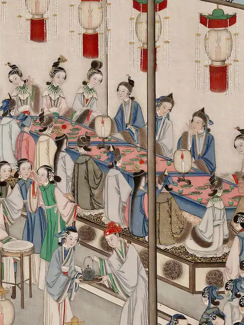 A traditional Chinese painting of an imperial banquet with nobles dining under lanterns, reflecting ancient royal feasting culture.