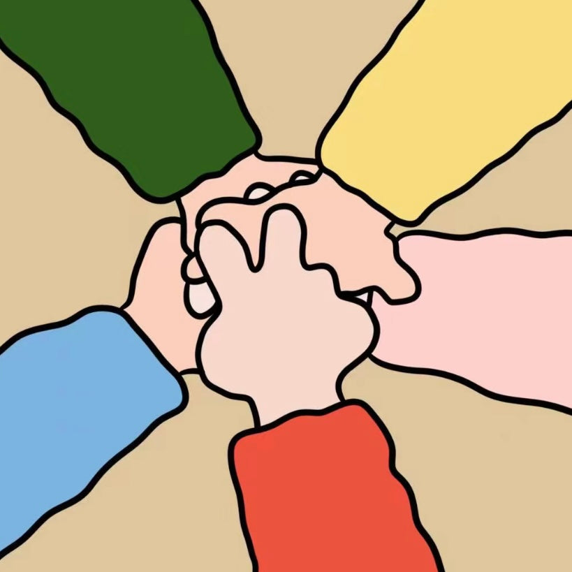 A colorful digital illustration of hands stacked together, representing unity, cultural exchange, and global community support.