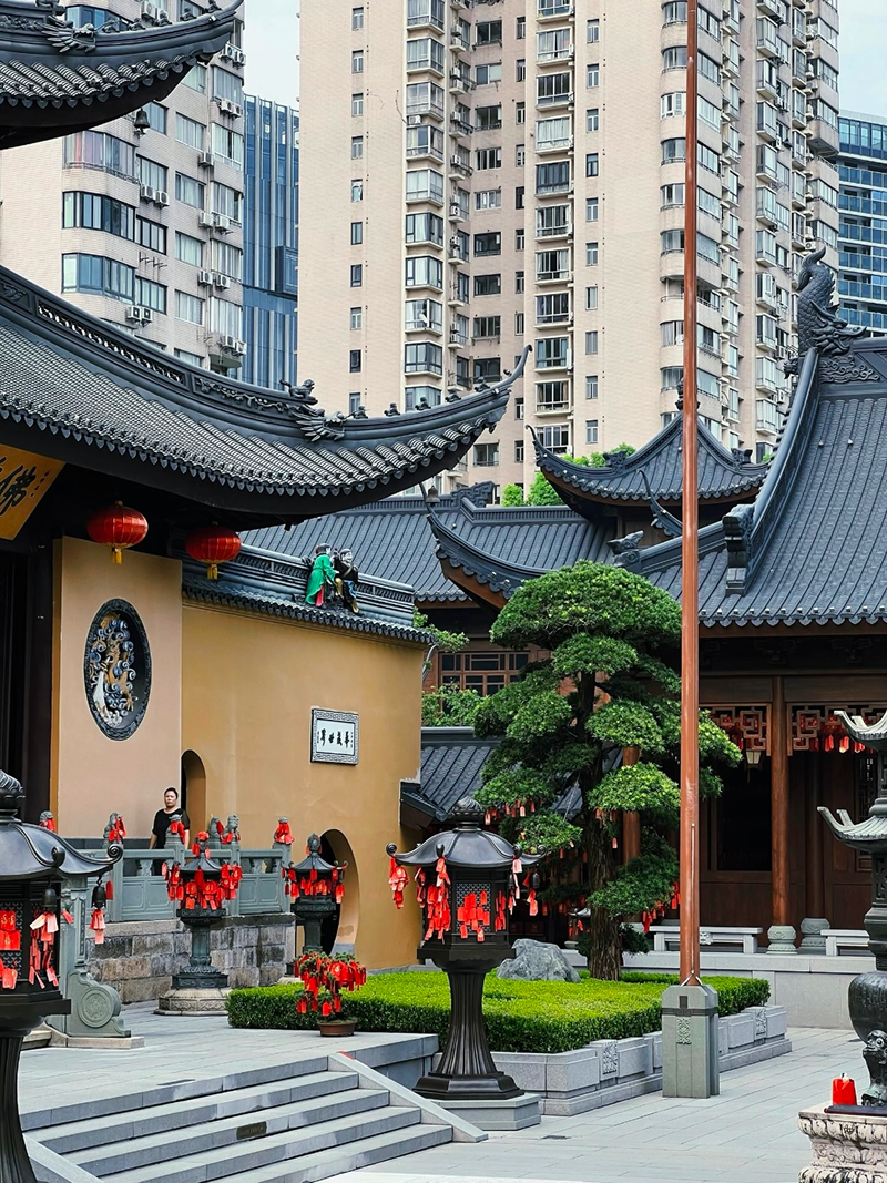 Jade Buddha Temple courtyard with incense burner and traditional architecture in Shanghai