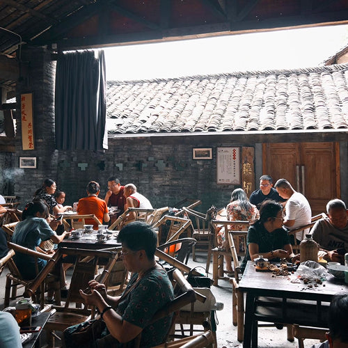 Traditional Chengdu teahouse with locals enjoying tea and conversation in bamboo chairs under tiled roof.