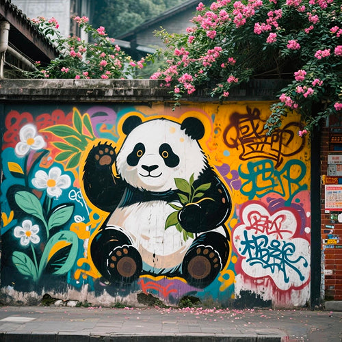 Colorful panda mural with floral and graffiti art on a street wall in Chengdu, surrounded by blooming pink flowers.