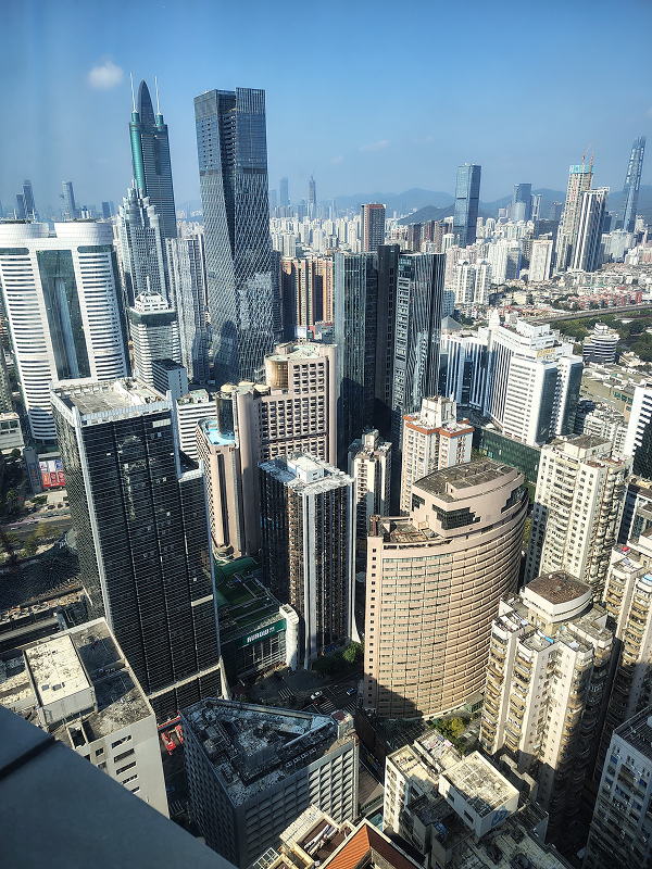 Aerial skyline view of Shenzhen city with modern skyscrapers near Huaqiangbei commercial district